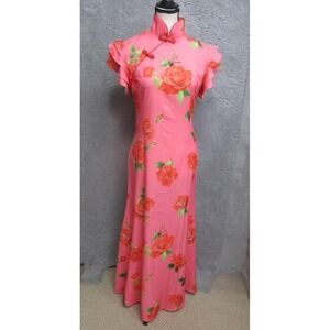Floral Asian Maxi Dress Womens Small Pink Rose Print High Neck Flutter Sleeve